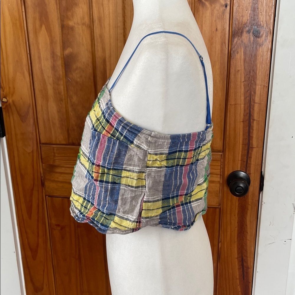 Urban Outfitters Cropped Halter Top Medium Plaid cotton linen Pink blue green - Picture 2 of 7